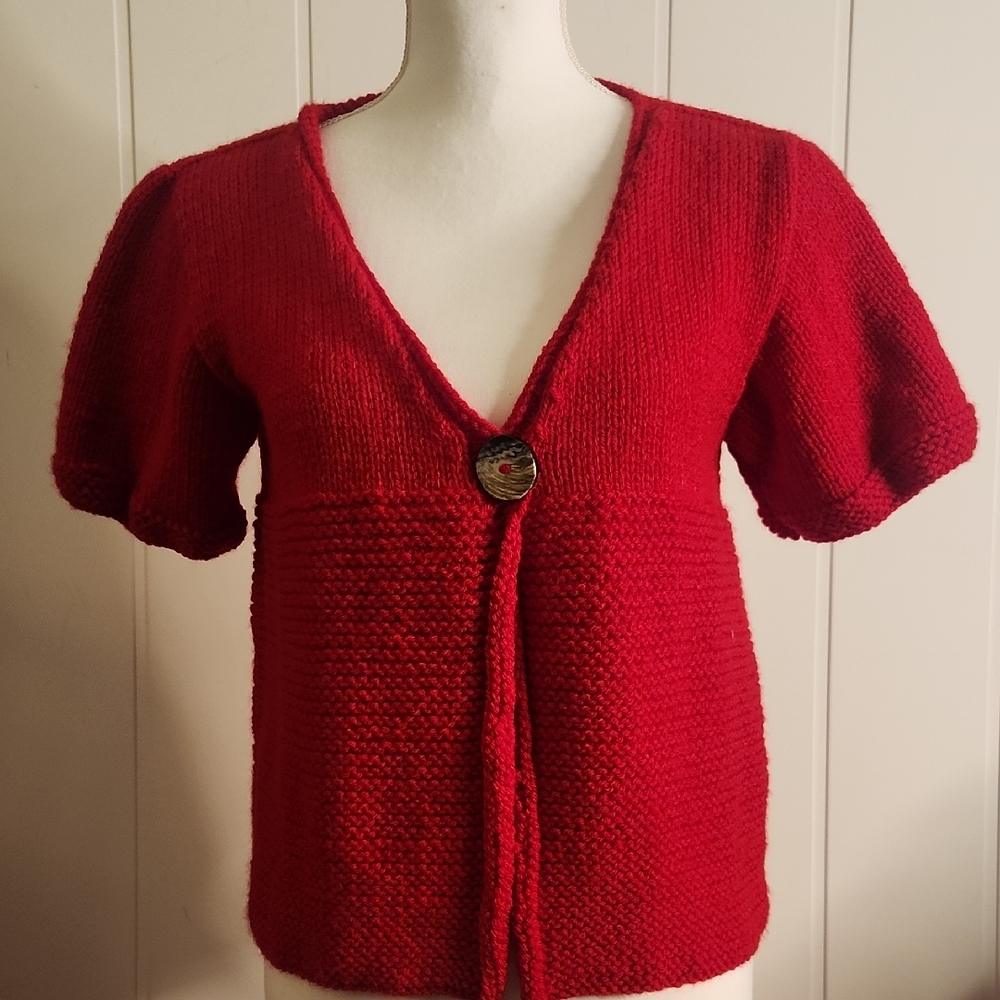 Vintage Handmade Chunky Knit Open Front Vibrant Red V-neck Cardigan Sweater